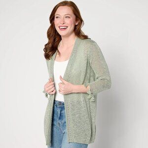 Denim & Co. Open Front 3/4 Sleeve Cardigan Fringe/Crochet - Size Small a649660